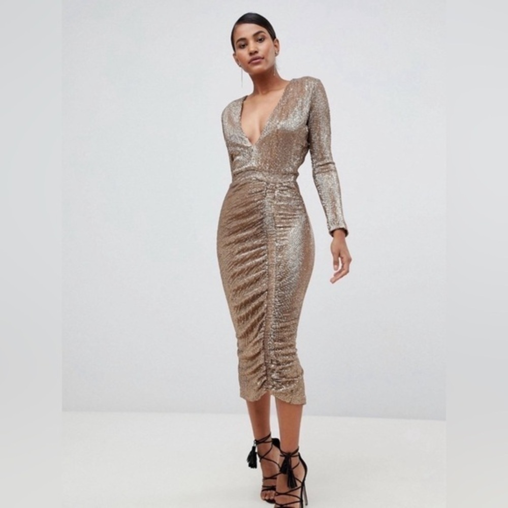 Lavish Alice sequin embellished midi dress‎ in gold
